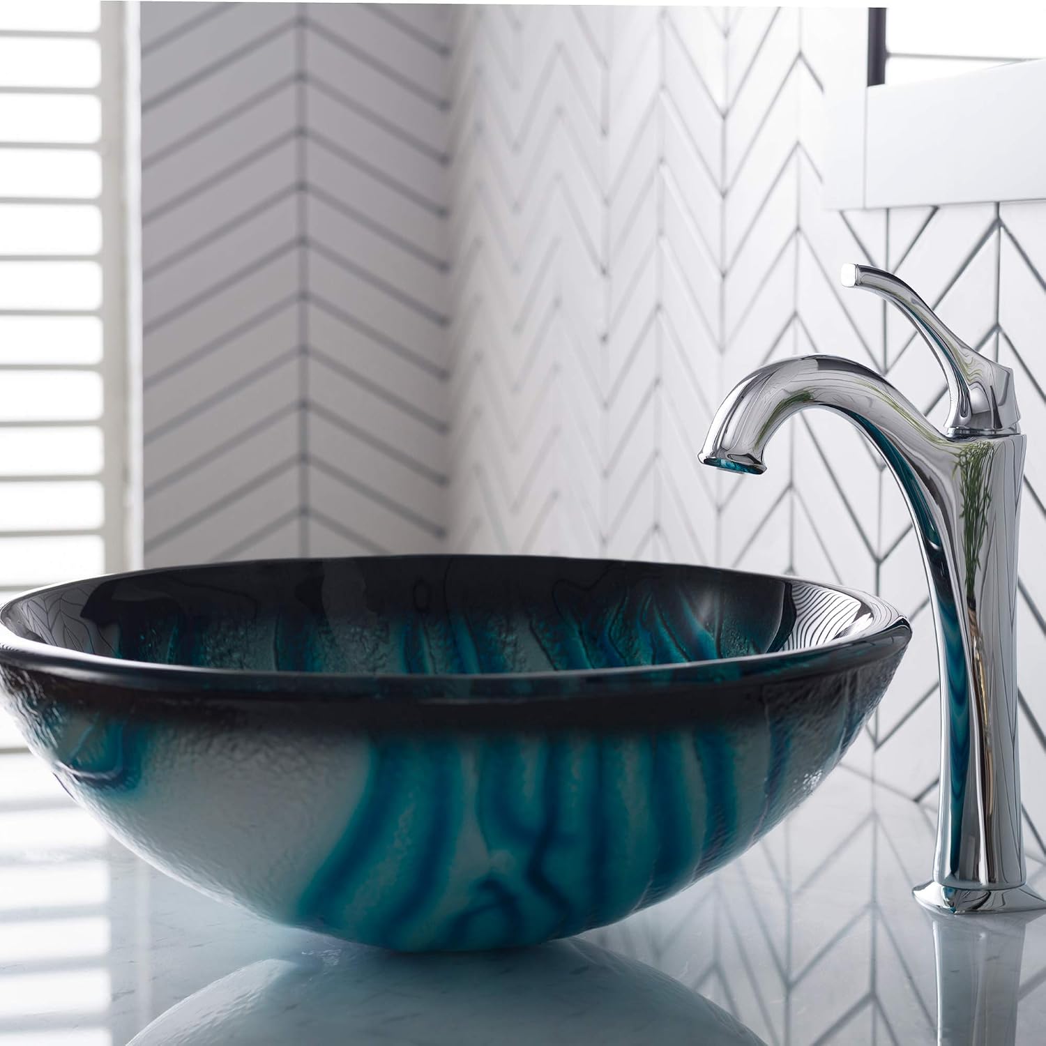 KRAUS 17-inch Blue Glass Nature Series™ Bathroom Vessel Sink and Arlo™ Faucet Combo Set with Pop-Up Drain, Chrome Finish