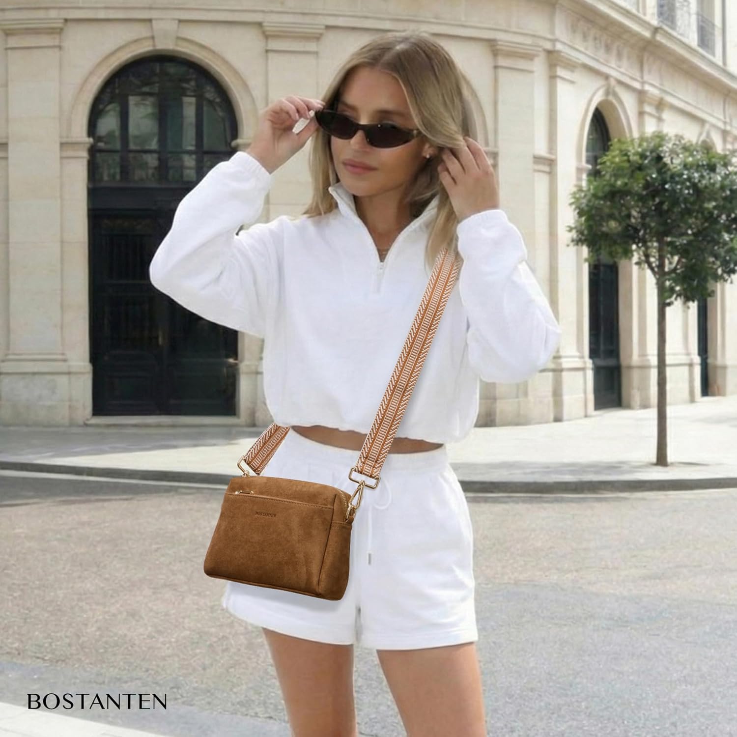 BOSTANTEN Small Crossbody Purse for Women Triple Zip Cell Phone Leather Handbag with Colored Shoulder Strap - Image 2