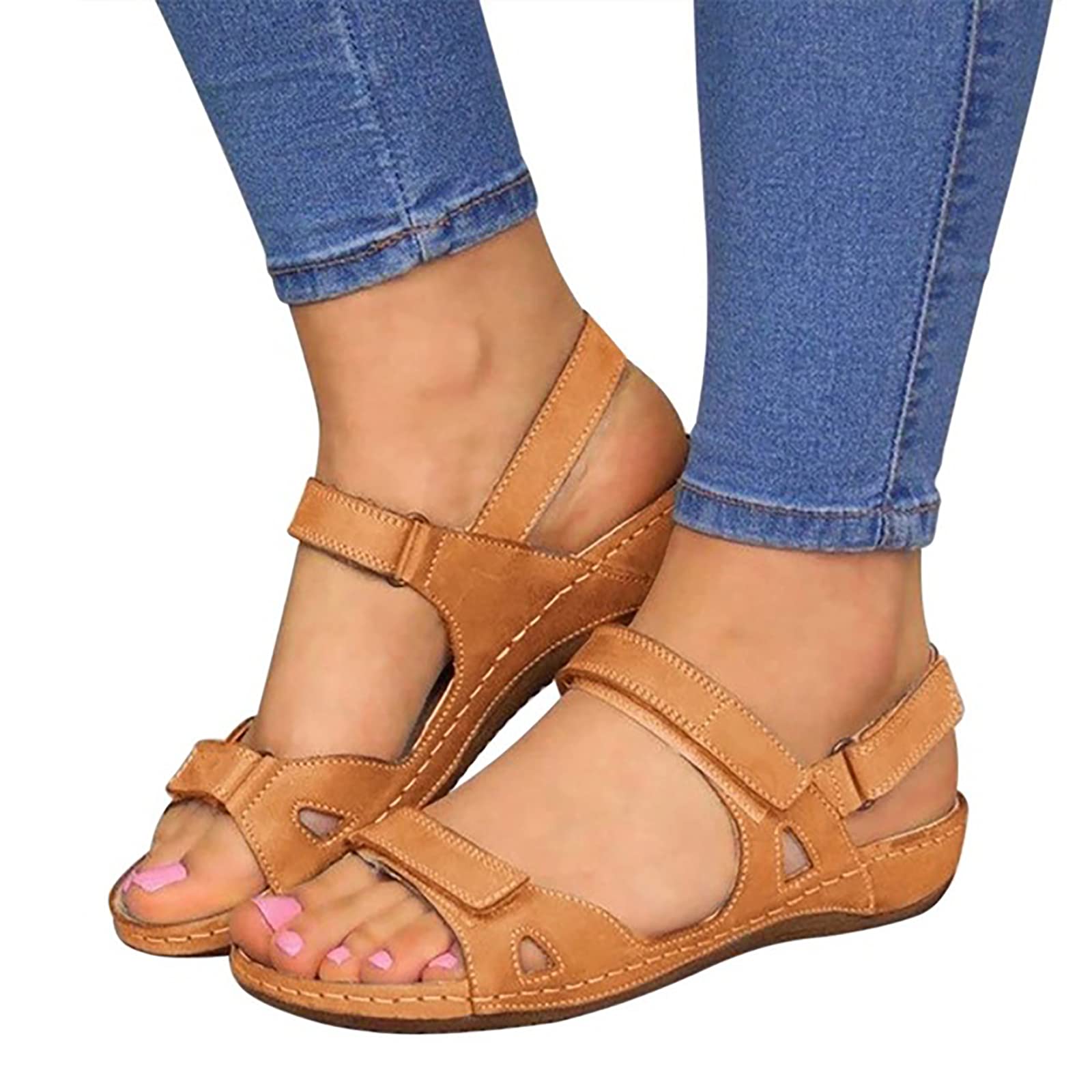 ISZI Wedges for Women Platform Ankle Strap Womens Sandals Open Toe Comfy Orthotic Sandals with Arch Support Summer Flatform Sandal Shoes,Yellow,US8/EU39