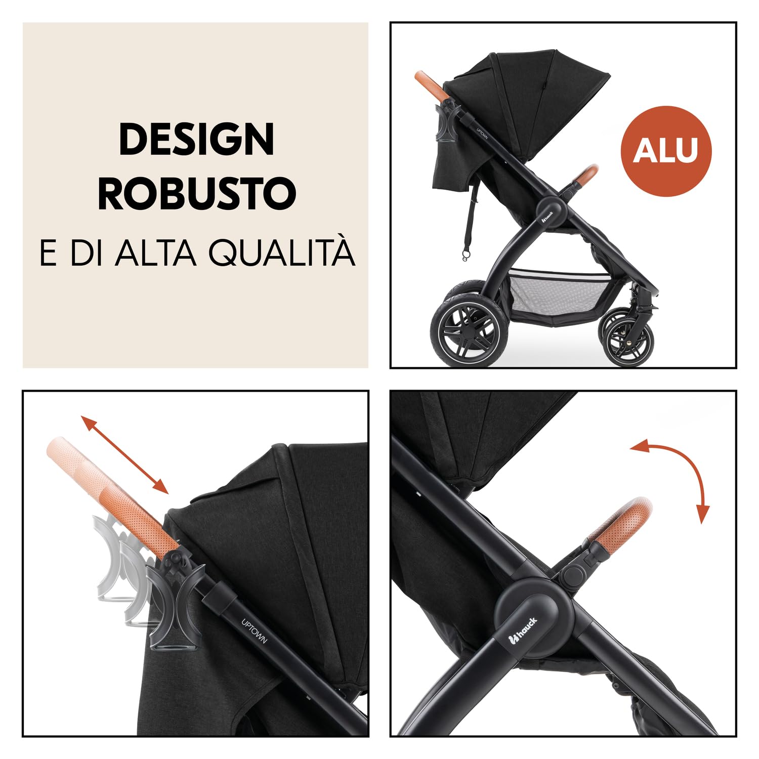 hauck Uptown, Nero - Passeggino Reclinabile dalla Nascita con Ampia Seduta fino a 22 kg, Portabicchieri, Grandi Ruote di Gomma Ammortizzate, Protezione UPF 50+, Manubrio Regolabile, Pieghevole