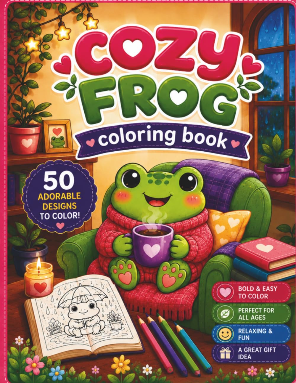 Relaxing Cozy Frogs Coloring Book: Bold and Easy Cute Cozy Coloring Pages for Kids, Teens, and Frog Lovers