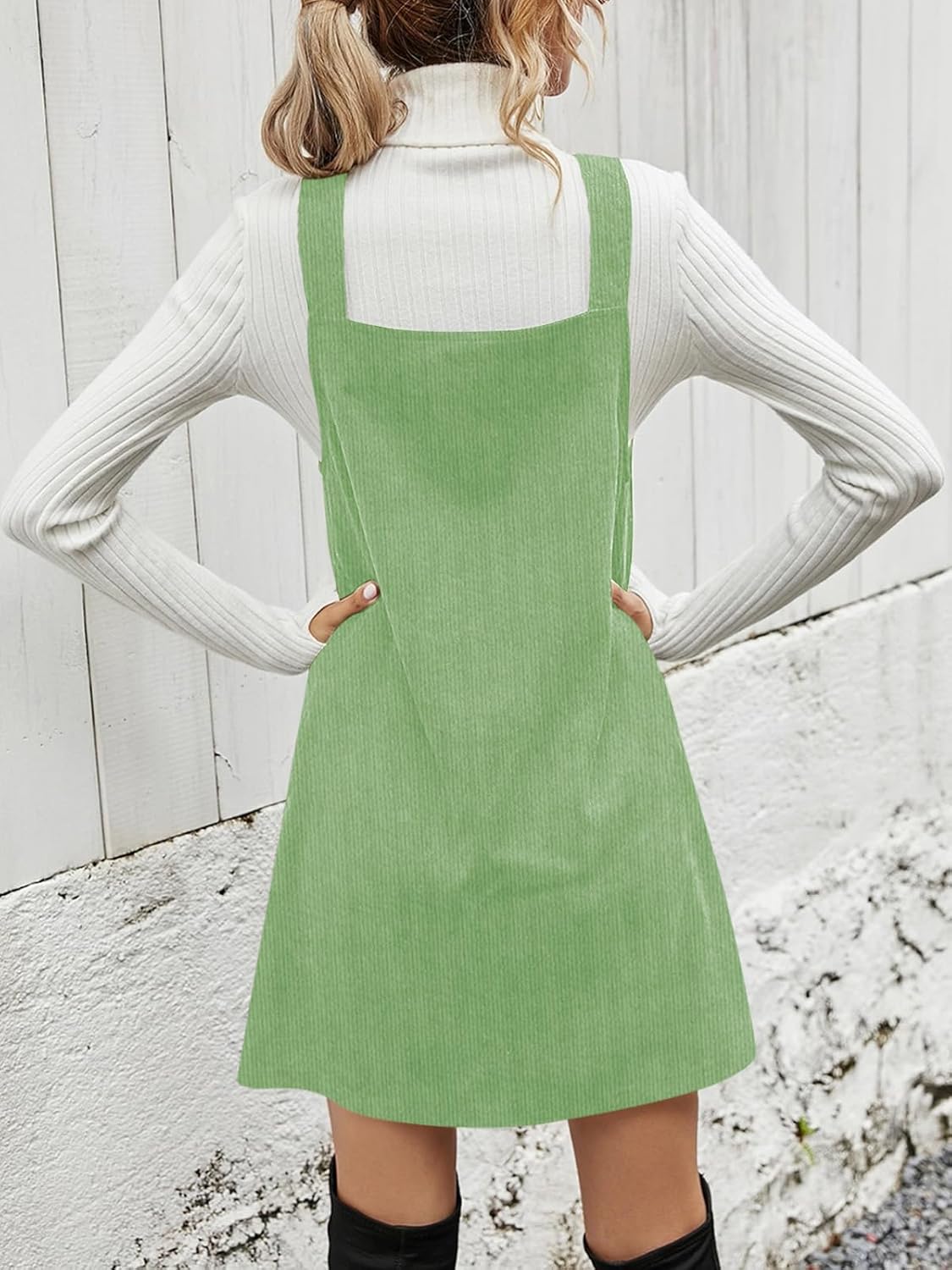 Koinshha Women V Neck Corduroy Overall Dress Casual Loose Short Pinafore Dresses Cute Mini Jumper Dress - Image 4