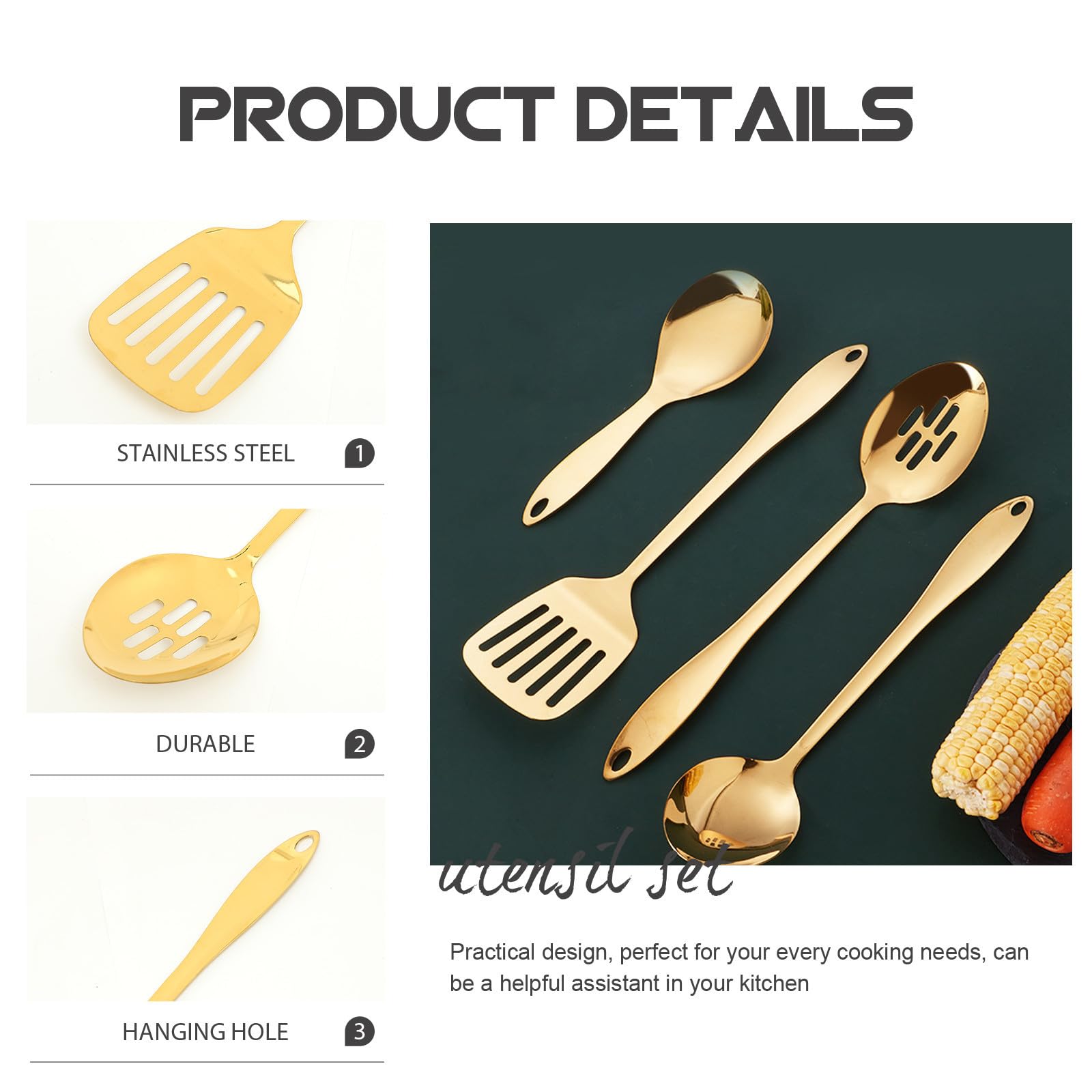 Abaodam Set per Cucina in Acciaio Inossidabile Design Pratico e Foro per Appendere, Kit Utensili da Cucina Spatola e Cucchiaio per Cucinare