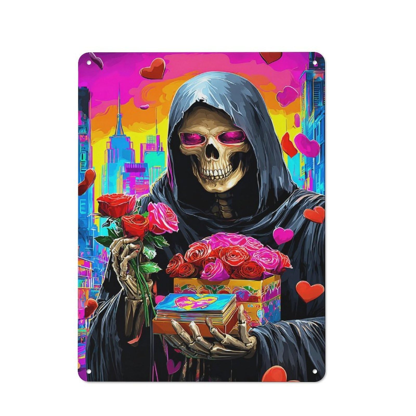 Tin Sign 40x30cm with Valentine's Day Grim Reaper with Flowers for Workshop Wall, Rustic Decor, Suited to Workshop Decor Fans