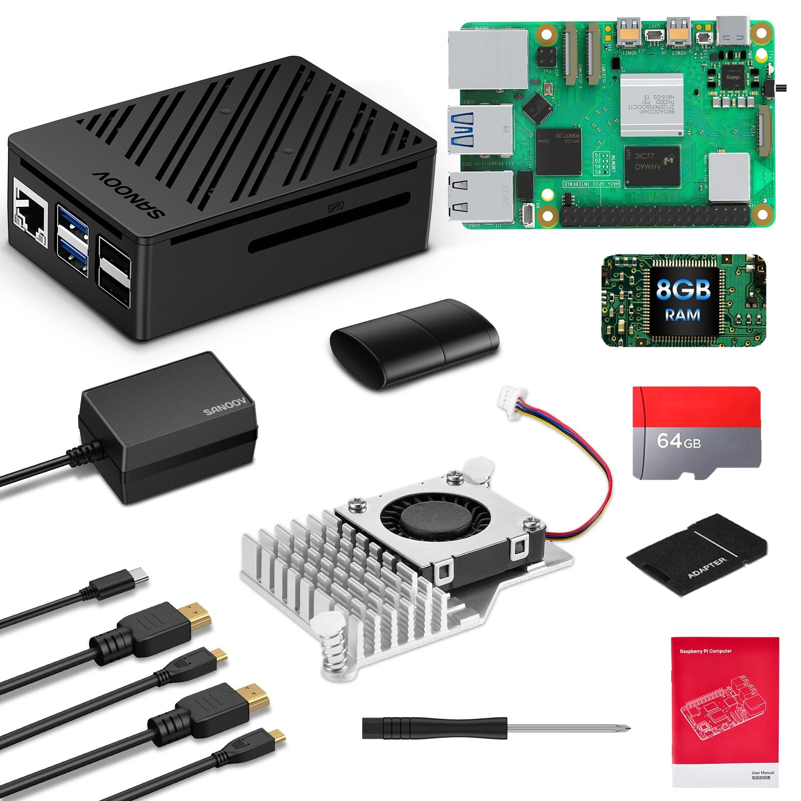Raspberry Pi 5 8GB キット(64GB SD-カード付き) Amazon.com: SANOOV Raspberry Pi 5 Kit 8GB RAM 64GB Edition