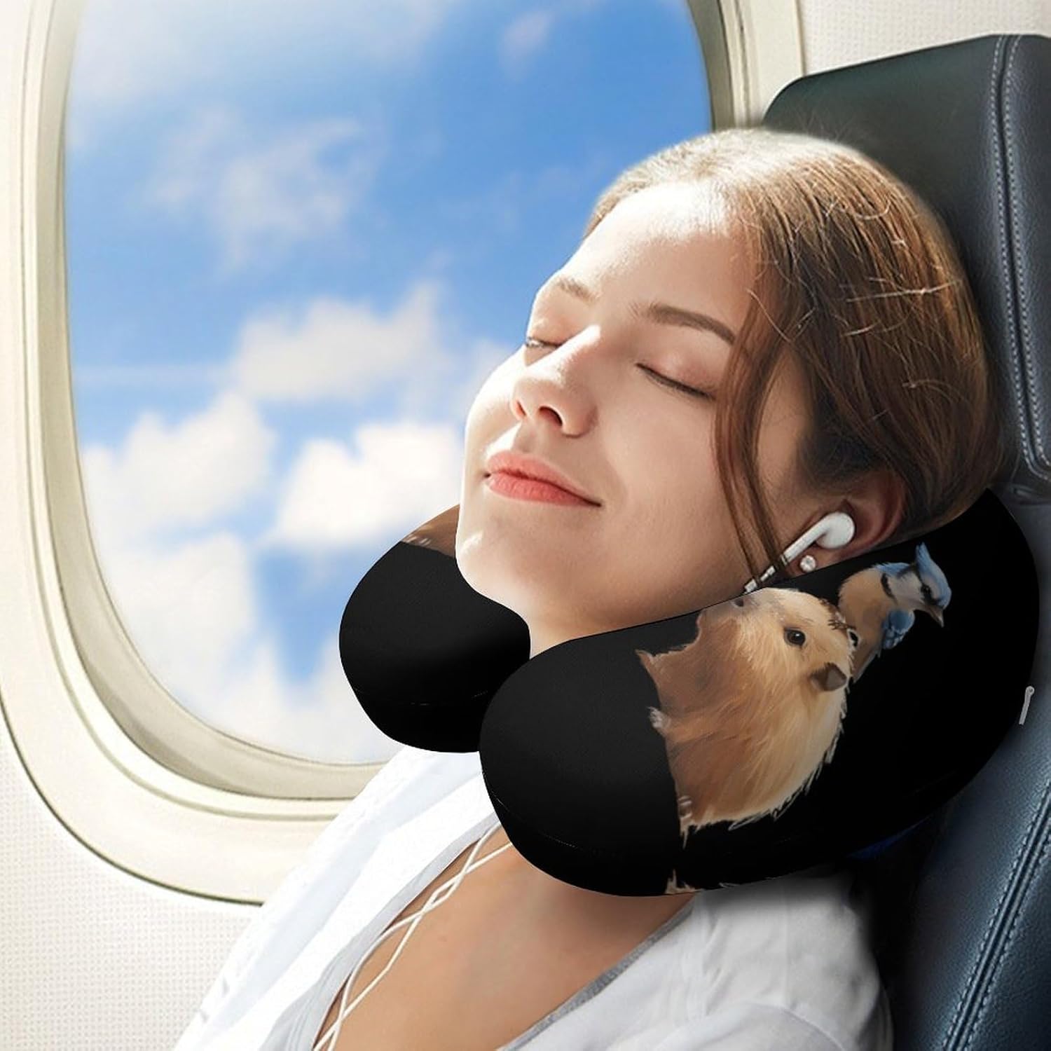 Blue Jay and Capybara Funny Travel Pillow U Shaped Memory Foam Neck Pillows Portable for Flight Car Home Office