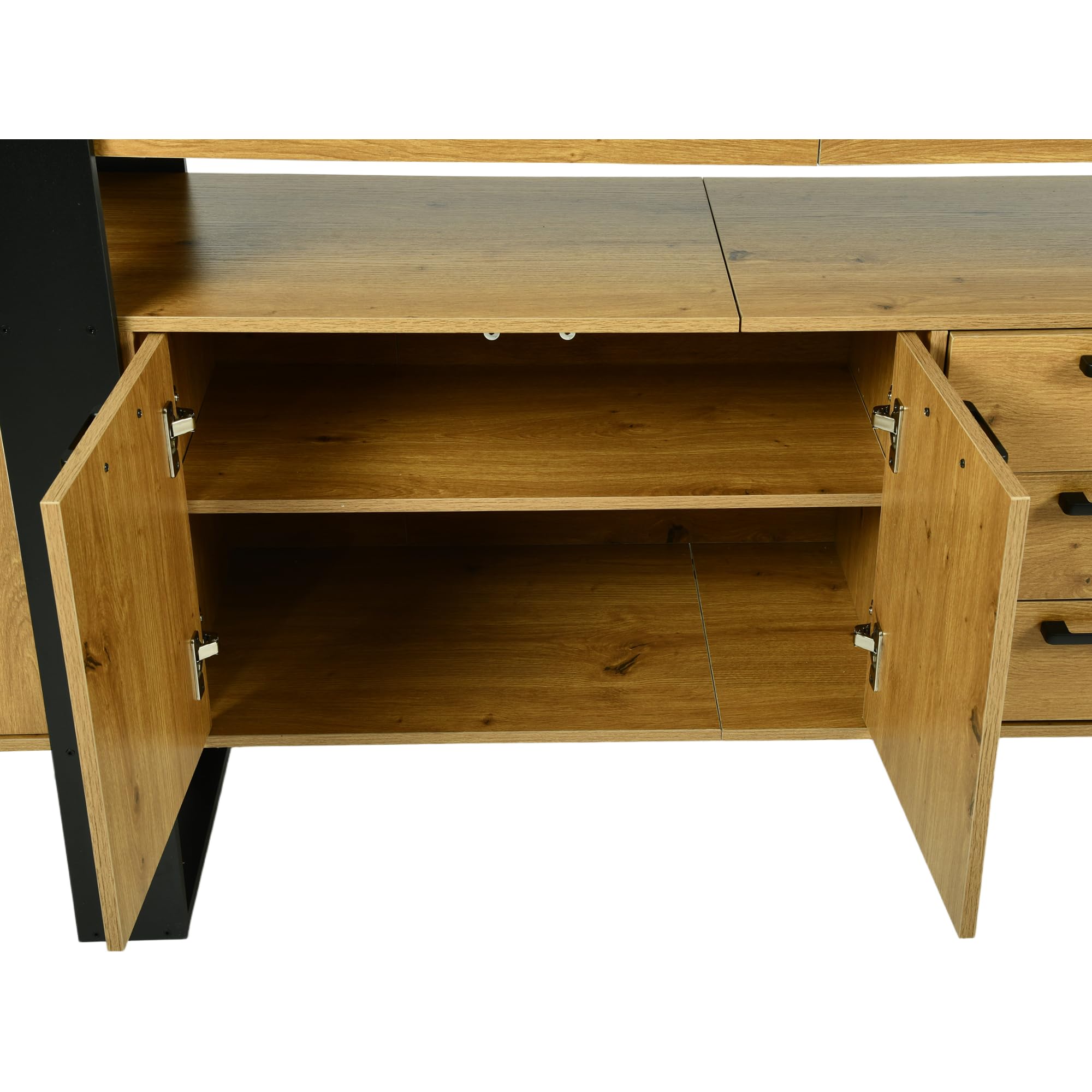 Mueble TV 180cm - Mueble TV Estilo Industrial, Muebles de Salon con 2 Cajones y 2 Puertas Armario, con Luces LED, Estructura Imitación Roble+Marco Negro, apto para Salón/Dormitorio 180x40x80cm
