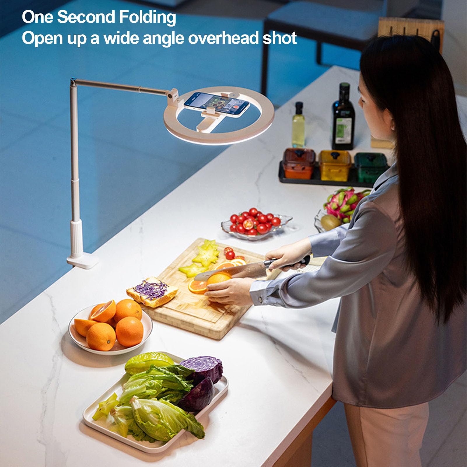 Fockety Anello Luminoso per Selfie, Anello Luminoso Pieghevole con Supporto per Telefono, Lampada Circolare a LED Dimmerabile con 3 Temperature di Colore e 5 luminosità per la