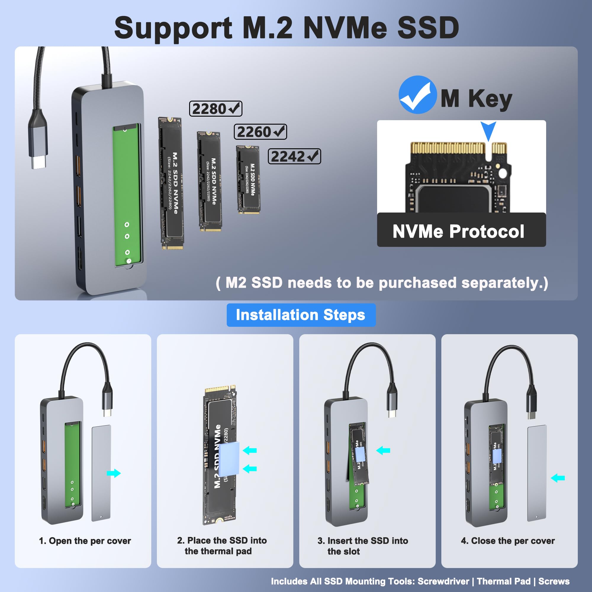 Stacja dokująca USB C z obudową M.2 NVMe SSD 10 Gb/s, koncentrator USB-C 9 w 1, gniazdo SSD typu C z HDMI 4K przy 60 Hz, USB 3.2 Gen2, PD100W, czytnik kart SD/TF, stacja dokująca do laptopa Dell / HP