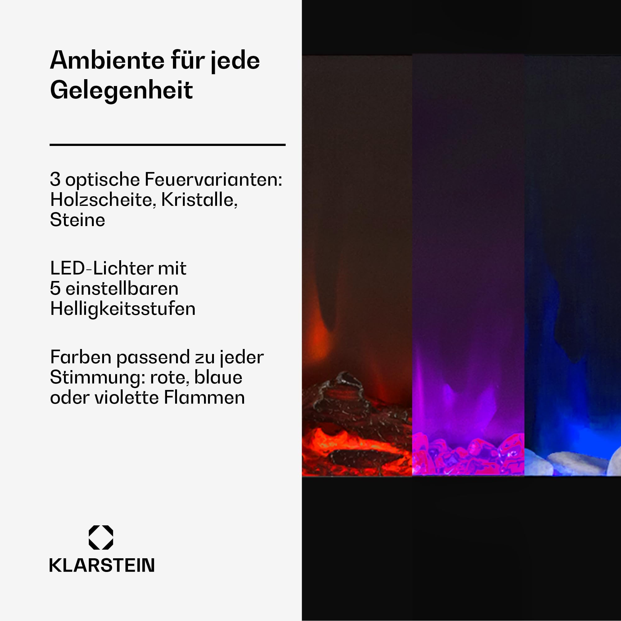Klarstein Elektrokamin, Elektro Heizungen für Wohnzimmer & Innenräume, Elektrischer Kamin mit LED Flammen, Kamin mit Fernbedienung, Heizlüfter Timer, Einstellbarer Thermostat, Heizung 1800 W