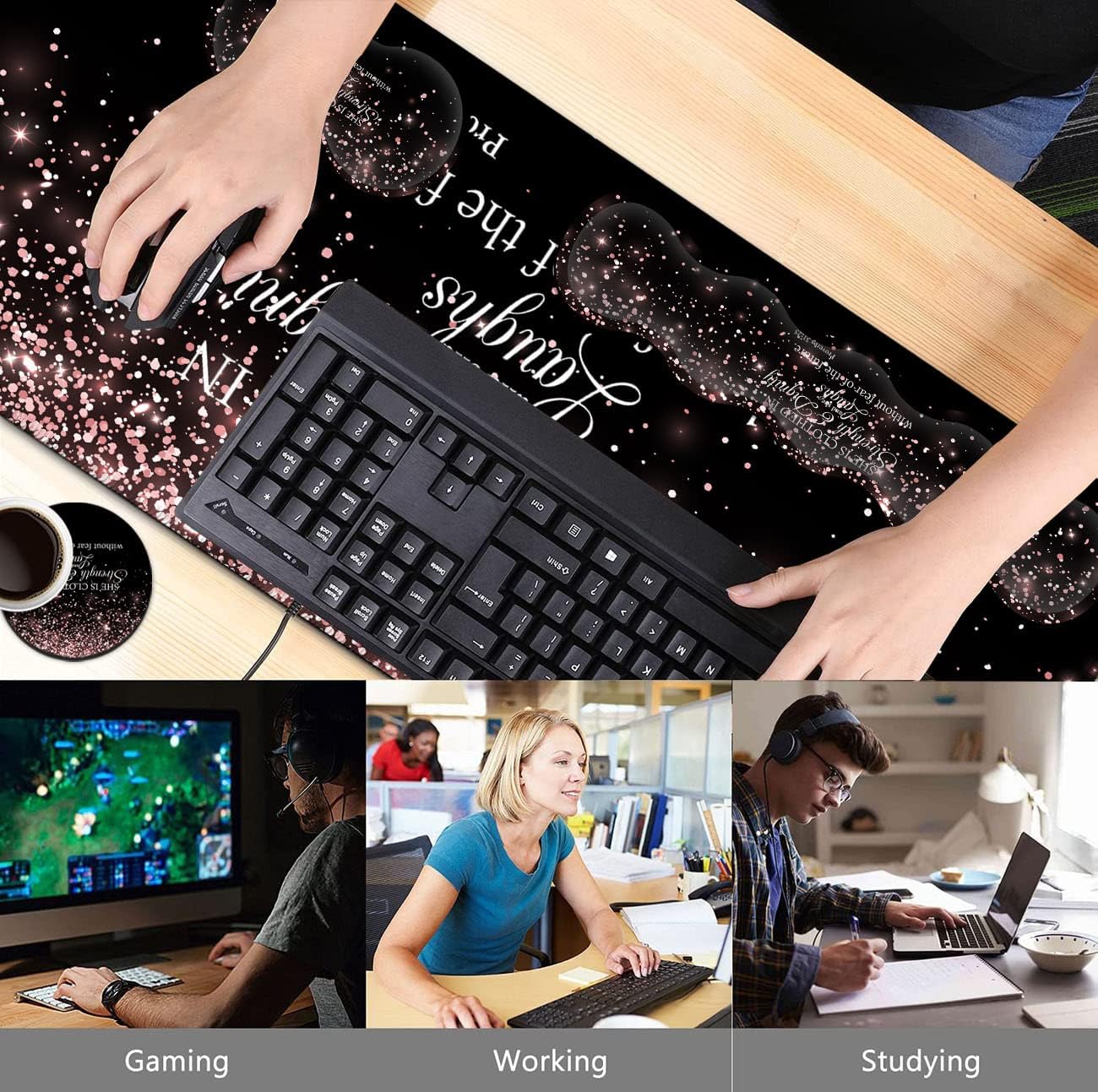 Large Mouse Pad,Ergonomic Mouse Wrist Support+Keyboard Wrist Rest Set+Extended Gaming Mouse Pad Proverbs 31:25 Bible Rose Gold Office Desk Mat Writing Mat Laptop Protector Accessories Black Desk Pad