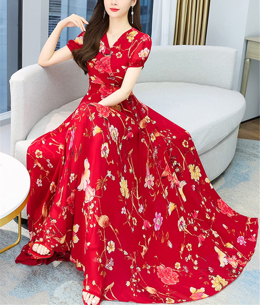 Abito estivo da donna, in chiffon, floreale, elegante, vintage, per feste