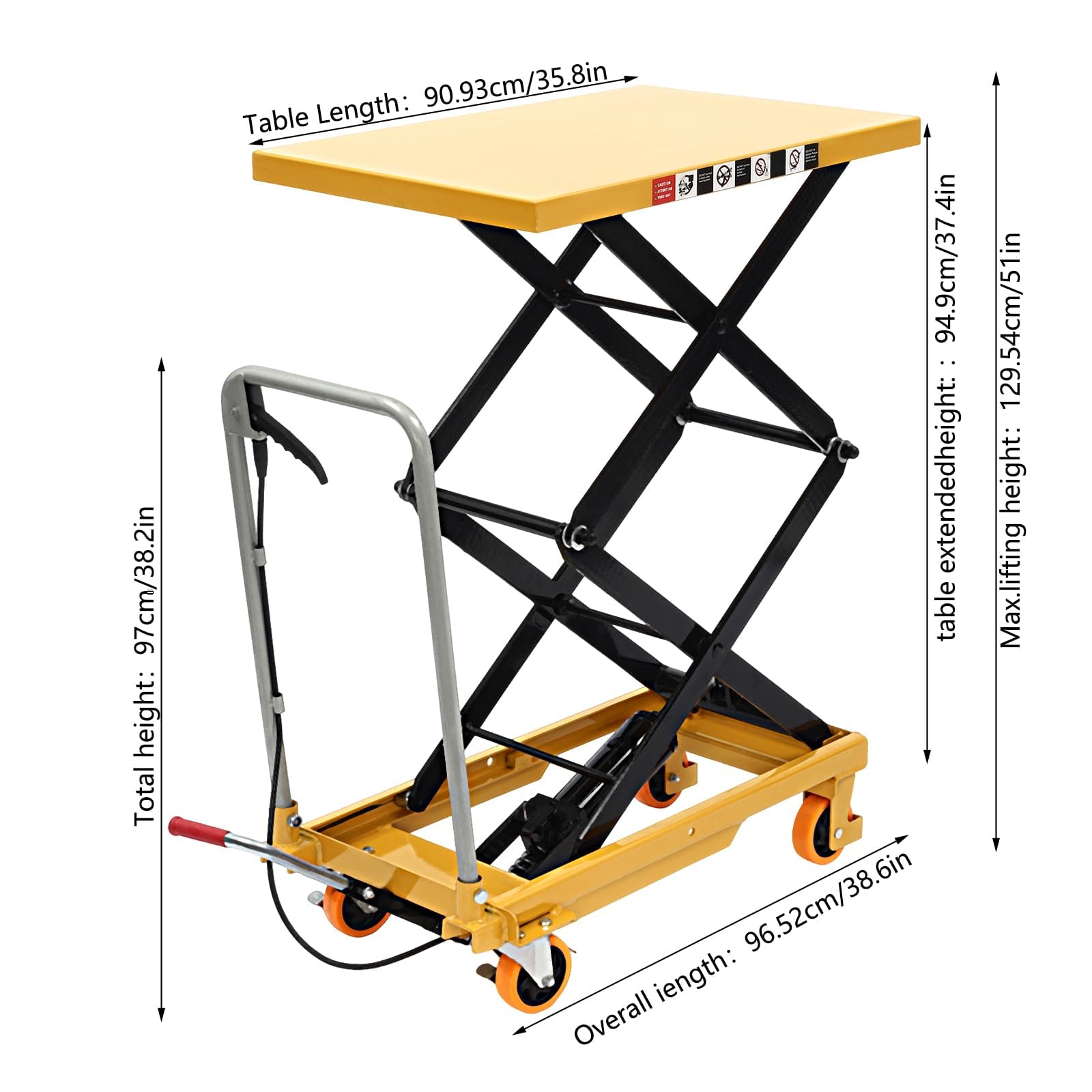Manueller Scherenhebewagen, 350 kg Kapazität, 129,5 cm, Hubhöhe, 4 Räder, Materialhandhabung und Worhop-Transportwerkzeug