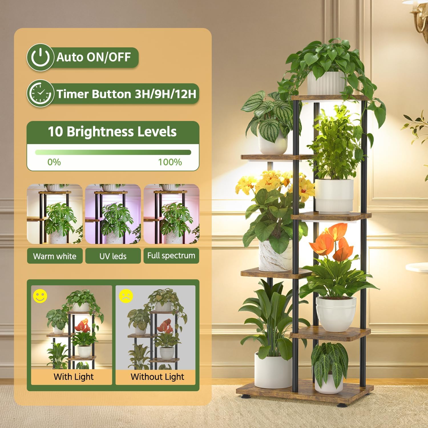 LASZOLA Plant Stand Shelf Tall Indoor with Grow Light, Wooden 5 Tier Corner image 3