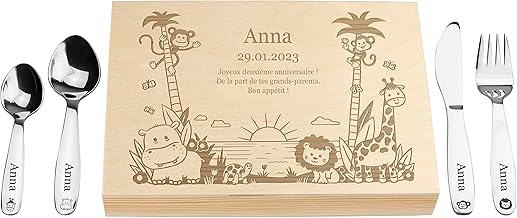 LAUBLUST Couverts pour Enfants gravés avec boîte - Cadeau personnalisée en Bois - Naturel - 4 pièces - Couverts de Table en Acier Inoxydable - Cadeau personnalisé (Jungle)