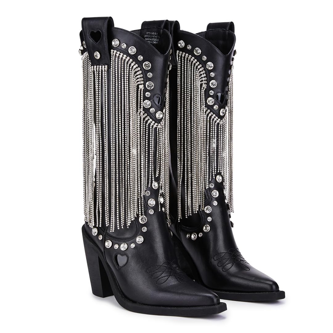 Dolls Kill Present Perfect Cowboy Boots by Sugar Thrillz - Vegan Leather Footwear With Rhinestone Fringe and Jewel Studs