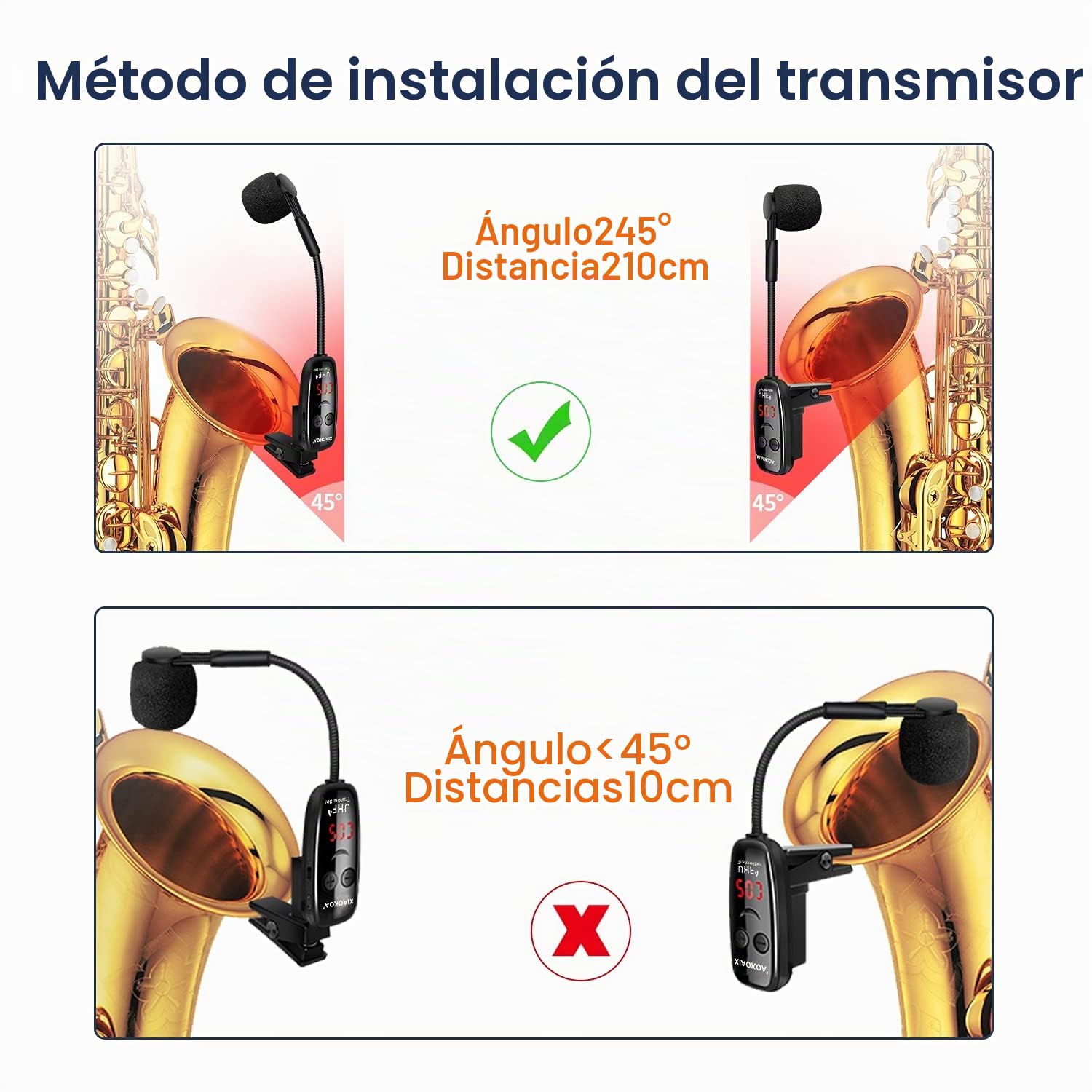 Micrófono Inalámbrico para Saxofón, Micrófono Inalámbrico UHF para Instrumentos Musicales, Receptor y Transmisor Inalámbrico para Saxofón/Trompeta/Trombón/Clarinete