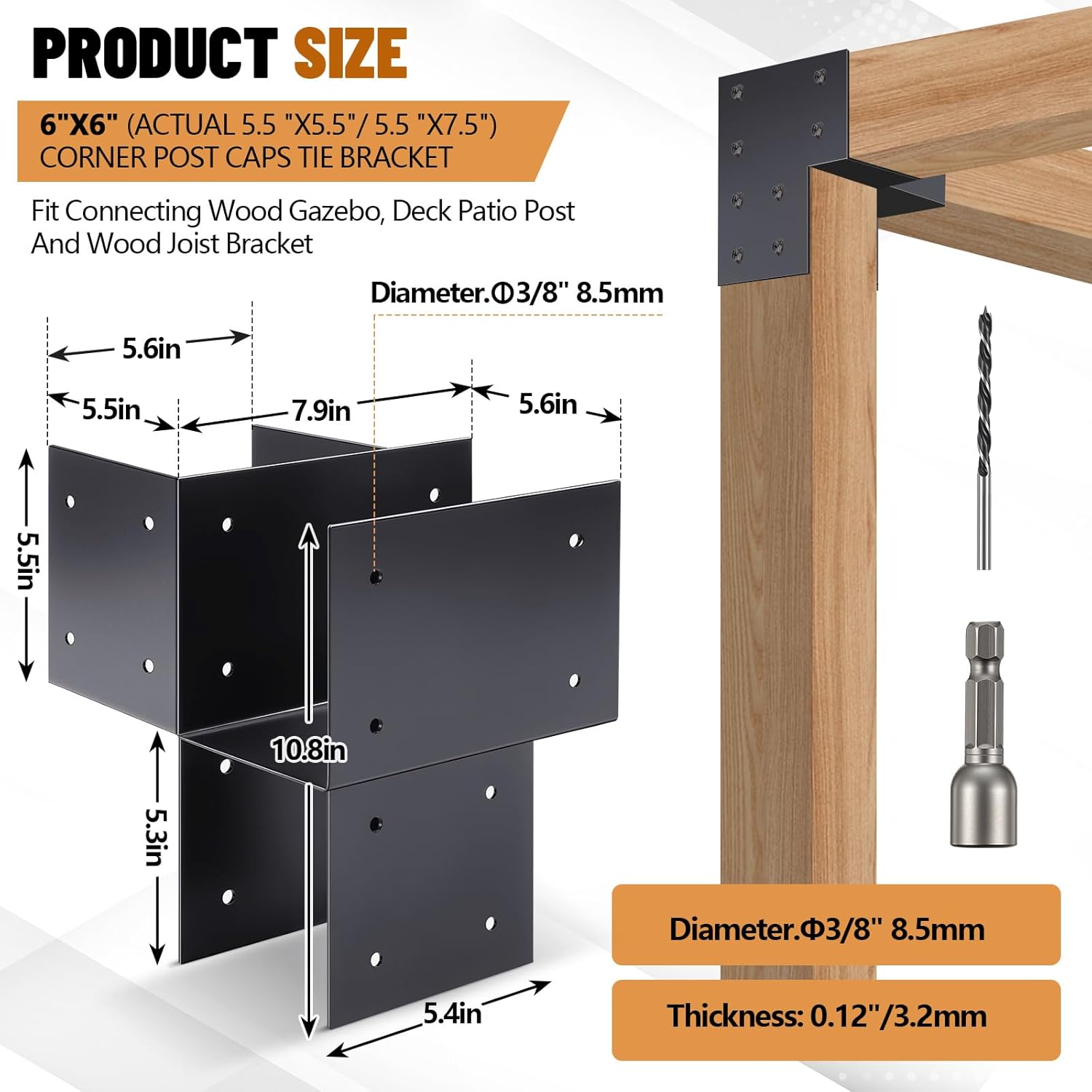 Zonon 2 Pack 6x6 (Actual 5.5"x5.5") Post Cap Tie Bracket Stainless Steel Beam Support Bracket for Connecting Wood Gazebo Pergola Patio Decks, Porches, Dark Gray(Corner)