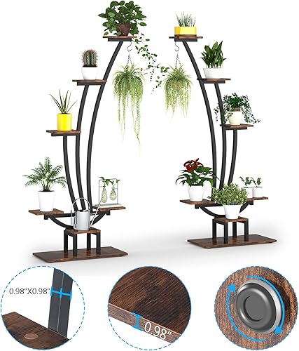 Miniatura 5 de Tribesigns Paquete de 2 soportes para plantas de interior estantes de metal curvados de 6 niveles escalera multiusos para bonsái con 2 ganchos
