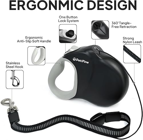 Miniatura 3 de PetiFine Correa retráctil para perro, correa de paseo resistente de 30 pies para perros medianos y grandes de hasta 110 libras, correa retráctil