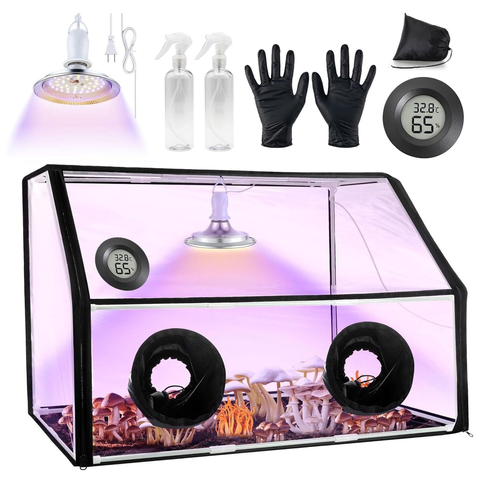 Kit de Culture de Champignons, Tente Transparente de Champignons avec Lampe | Chambre de Culture avec 2 Ouvertures pour les Mains, Thermomètre Hygromètre, 2 Pulvérisateurs et Gants, Serre Intérieure