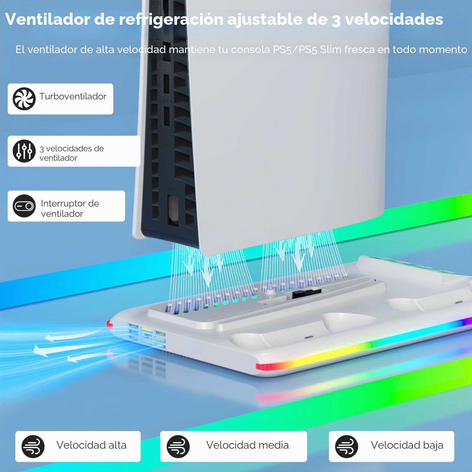 Soporte para PS5, Soporte de Refrigeración para PS5/PS5 Slim/PS5 Pro Soporte Vertical P5/P5 Slim/P5 Pro con Estación de Carga de Dual Dontrolador 3 Puertos USB(Disco y Digital)(Blanco)
