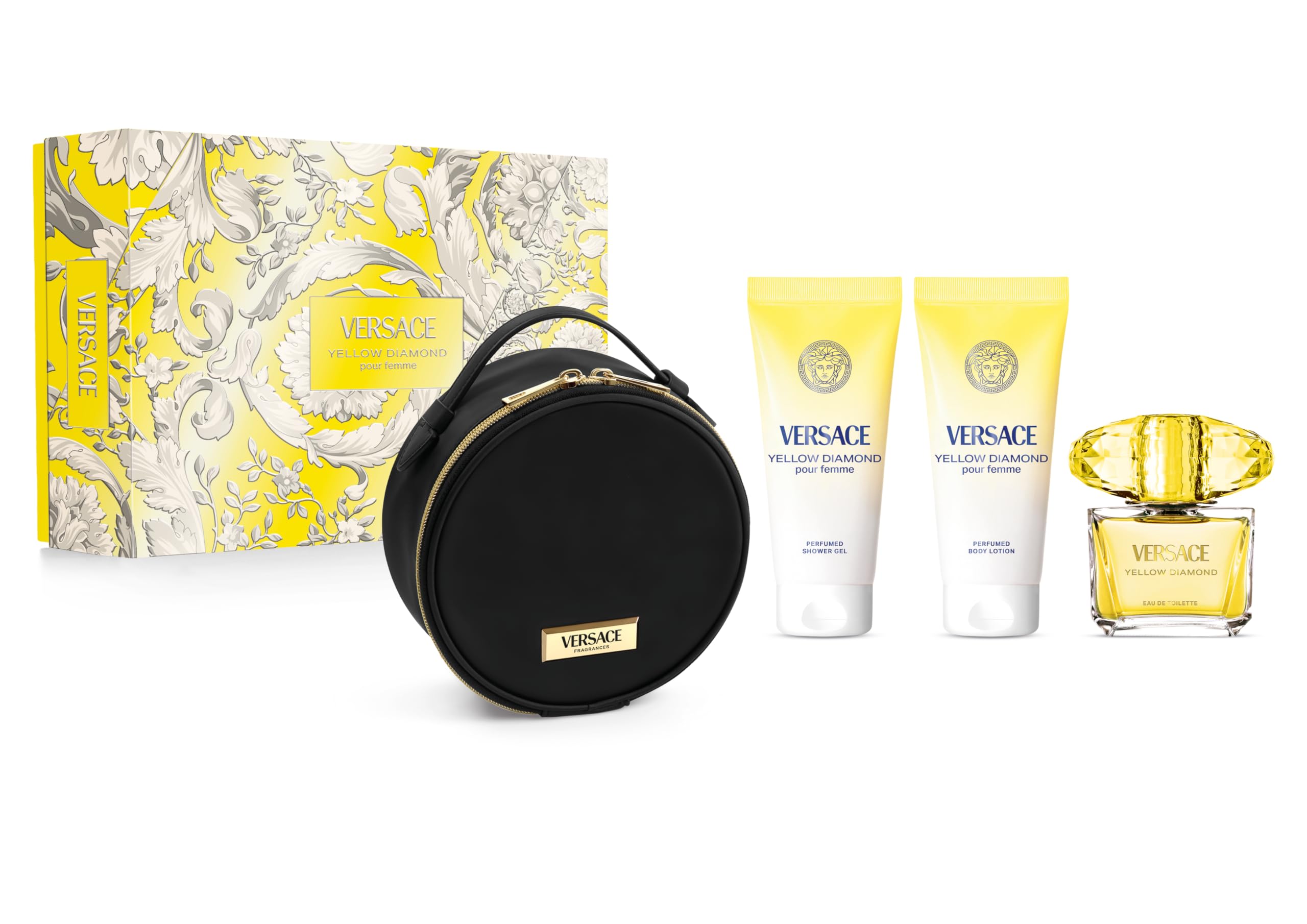 Versace Yellow Diamond - Set de regalo para mujer (4 piezas, colonia en spray, loción corporal de 100 ml, gel de ducha de 100 ml, bolsa de regalo)
