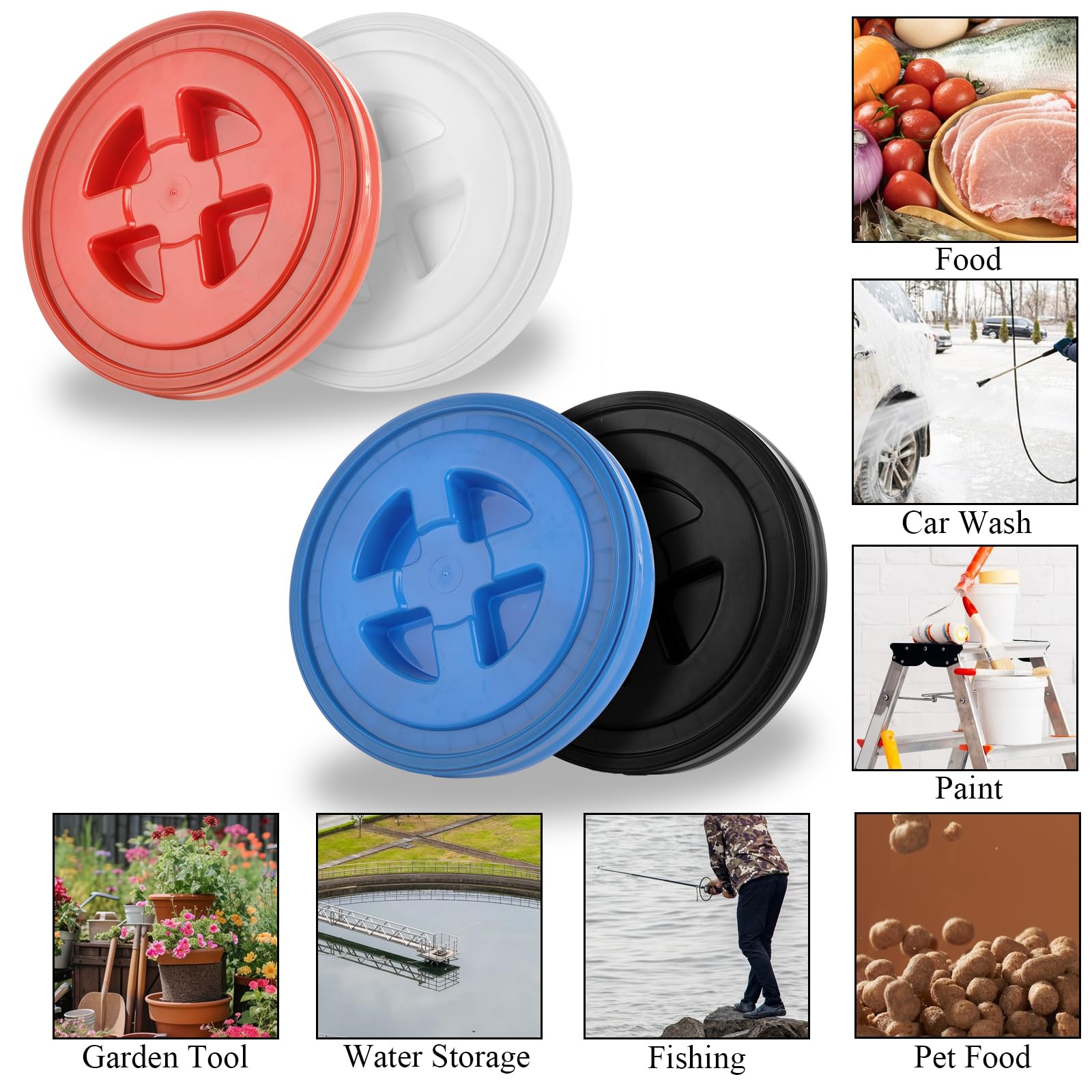 4 coperchi a prova di perdite da 5 galloni in plastica per uso alimentare, coperchi a vite con chiusura a vite, coperchio a vite per alimenti per animali domestici, mangiatoie per polli e vernici,