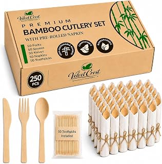 Bamboo Cutlery Set, 50 Sets (250 PCS), Pre-Rolled Napkins | Compostable Cutlery | Biodegradable Disposable Cutlery | Bamboo Flatware | Forks, Spoons, Knives & Toothpicks for Parties & Events