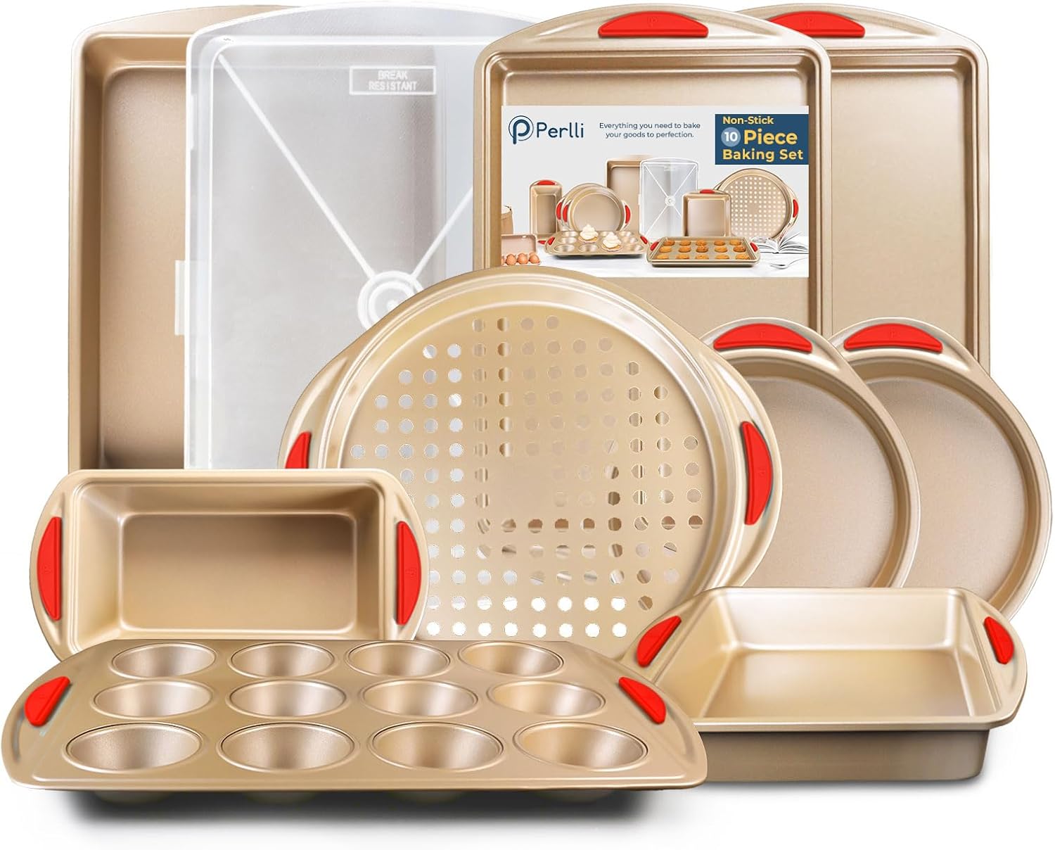 Perlli 10 Piece Baking Set - Nonstick Gold Steel Oven Bakeware With Silicone Handles, Cookie Sheets, Round Cake Pans, 9x13 Pan With Lid, Loaf Pan, Deep Pan, Pizza Crisper, Muffin Pan