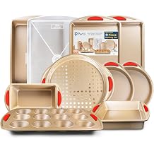 10 Piece Baking Set - Nonstick Gold Steel Oven Bakeware With Silicone Handles, Cookie Sheets, Round Cake Pans, 9x13 Pan With Lid, Loaf Pan, Deep Pan, Pizza Crisper, Muffin Pan