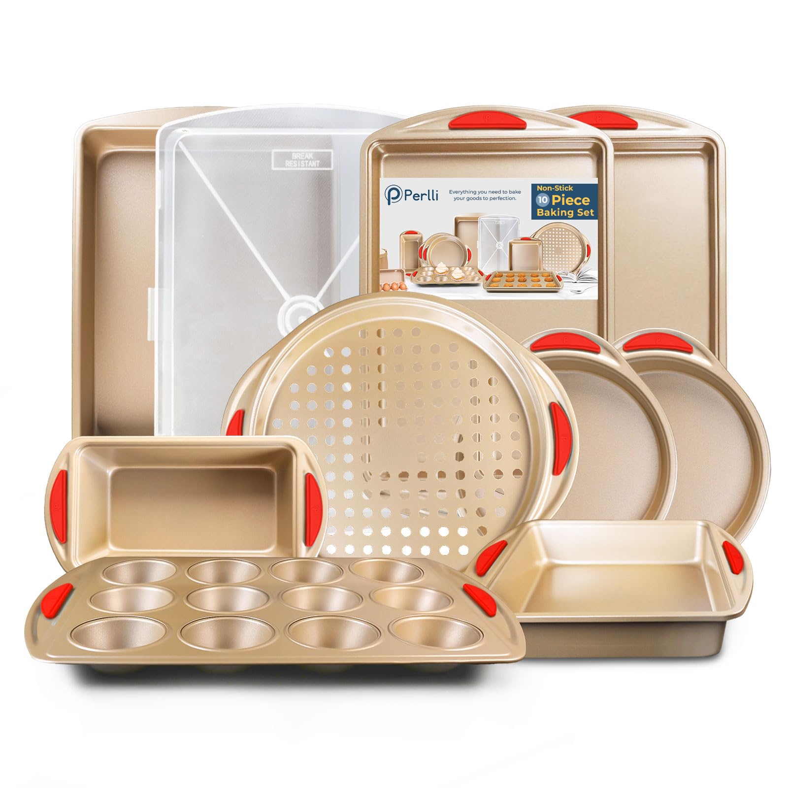 Perlli 10 Piece Baking Set - Nonstick Gold Steel Oven Bakeware