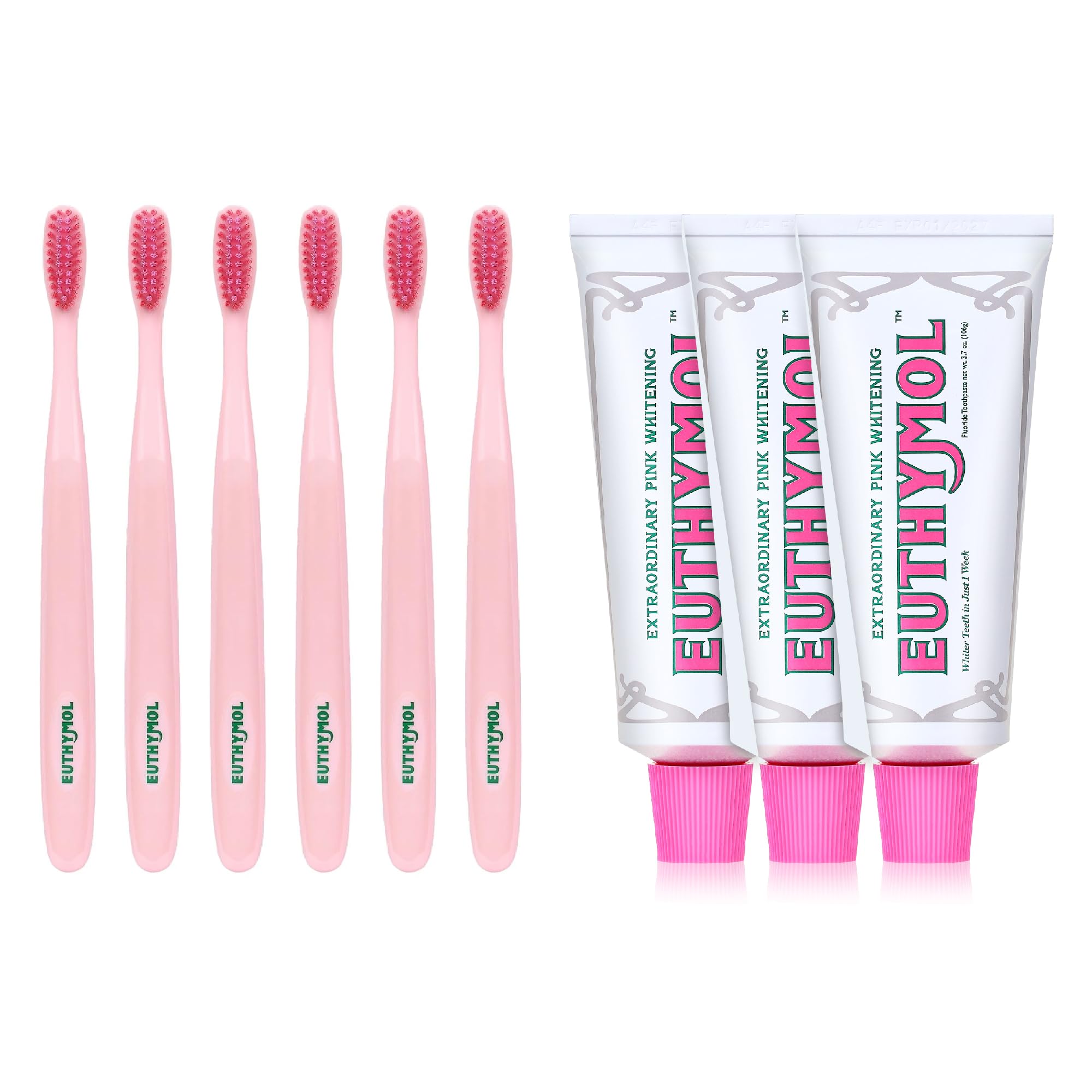 Whitening Toothpaste Pack of 3 and Whitening Toothbrush(Pink) Pack of 6 Stain Removal in 2 Weeks, Long-Lasting Freshness for Sensitive Gum & Teeth.Premium Soft Dual-Tension Bristles.