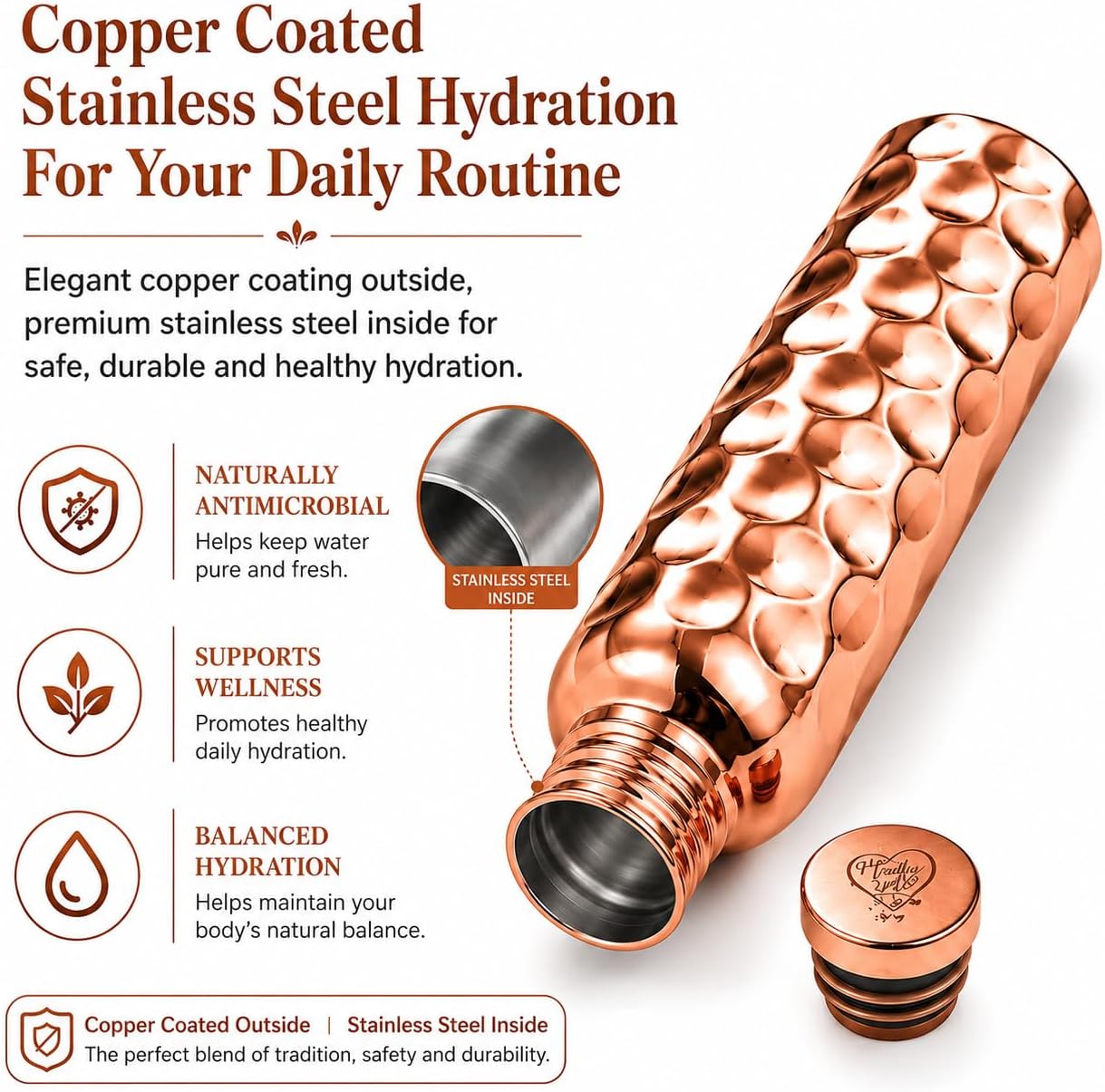 Copper-Plated Water Bottle, 34 oz, Leak-Proof image 2