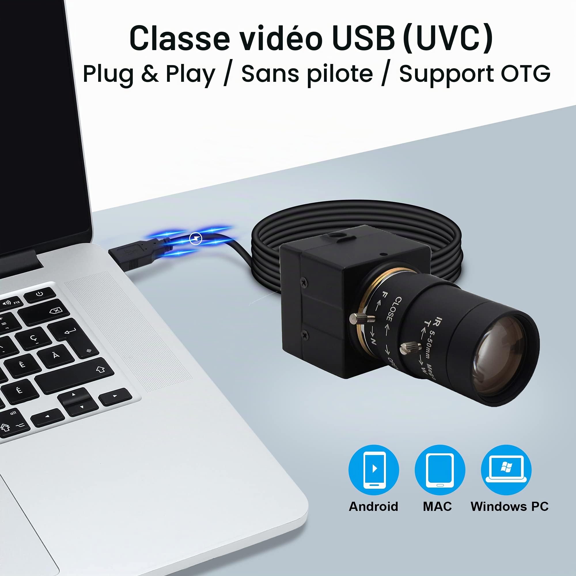 Svpro Caméra USB Objectif Zoom 5-50mm Webcam à Mise au Point Manuelle 720P HD 1280x720 Systèmes de sécurité USB2.0 Caméra CCT avec capteur OV9712 Surveillance de la caméra de Vision Industrielle UVC
