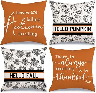 Fall Pillow Covers 18 x 18 Inch Set of 4, Hello Pumpkin Maple Leaves Thanksgiving Rustic Cushion Cases Decorations, Farmhouse Decor for Holiday Sofa Couch (Black) G360-18