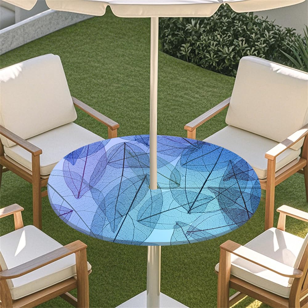 Surwin Outdoor Round Tablecloth with Parasol Umbrella Hole Zipper, Elastic Edge Fitted Protector Round Table Cloth Waterproof Table Cover for Garden BBQ Party -Summer Leaf (Purple,S(79-89cm)