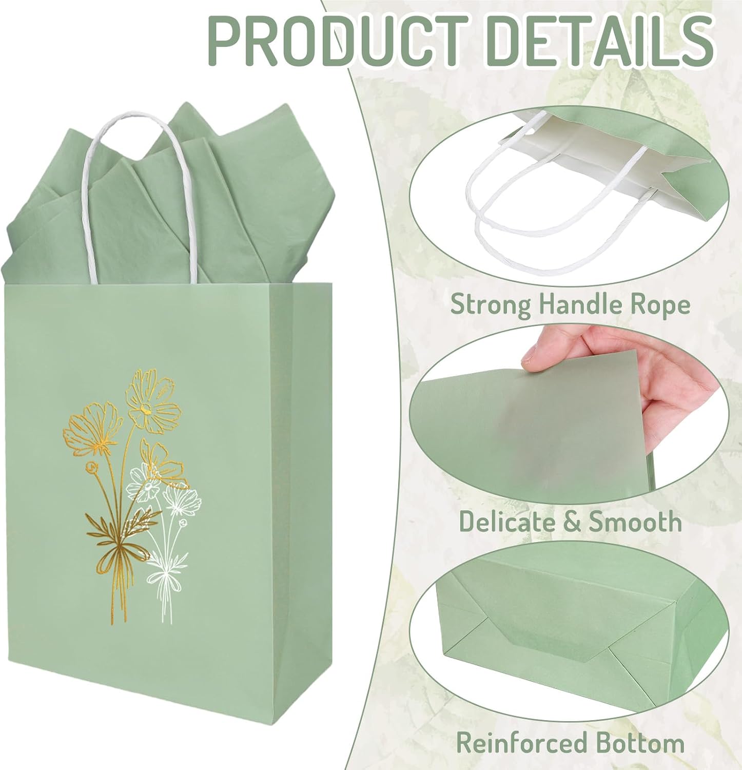 FYSUIMU 30 Pcs Sage Green Floral Paper Bags with Handle and Tissue Paper Foil Gold White Flower Party Favor Goodie Treat Bag for Thanksgiving Wedding Mother's Day Birthday Baby Shower Party Supplies