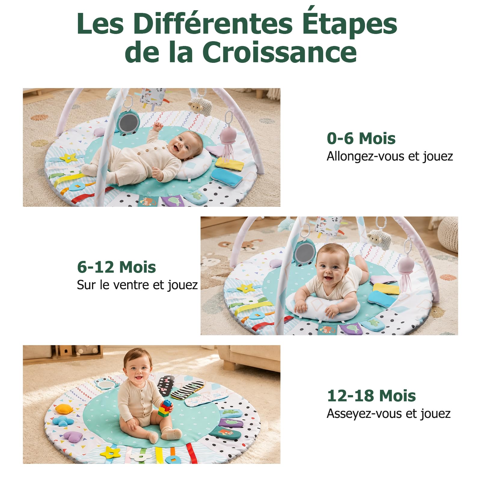 JiGiU Tapis d'Éveil Bébé 95x95cm avec Arche, Tapis de Gym pour Bébé | 5 jouets sensoriels détachables et petit coussin, montage 1min pliable transportable, adapté 0-18 mois pour éveil