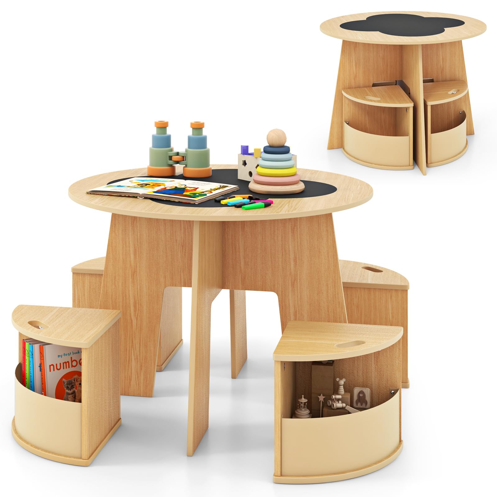 INFANS Kids Table and Chair Set, Wooden Nesting Activity Desk with 4 Storage Stools, Blackboard, Flower Shape, Children Furniture for Art Crafts Drawing Writing (Natural) โ image 1