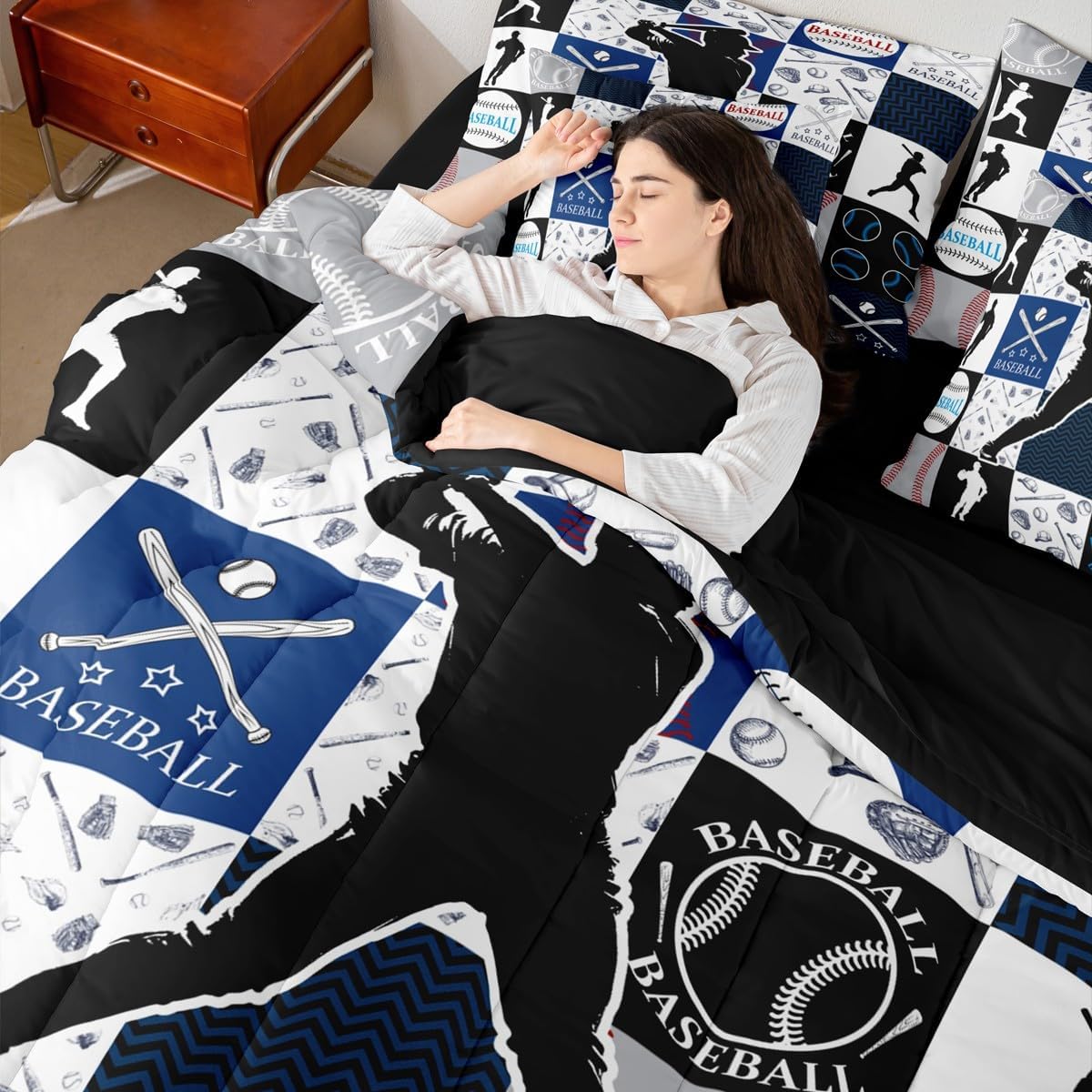 Feelyou Baseball Queen Comforter Set with Sheets for Kids Boys Girls 3D Softball Sports 7 Pieces Bedding Set Sports Game Bed in a Bag Patchwork Styles Room Decor Soft Lightweight Microfiber