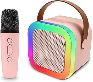 Mini Karaoke Machine for Kids. Portable Bluetooth Speaker with Wireless Mic for Music. RGB Colourful Lights with Changing Modes. 5 Voice Change Effects. Gifts. Home & Outdoor. Carrying Handle. (Pink)
