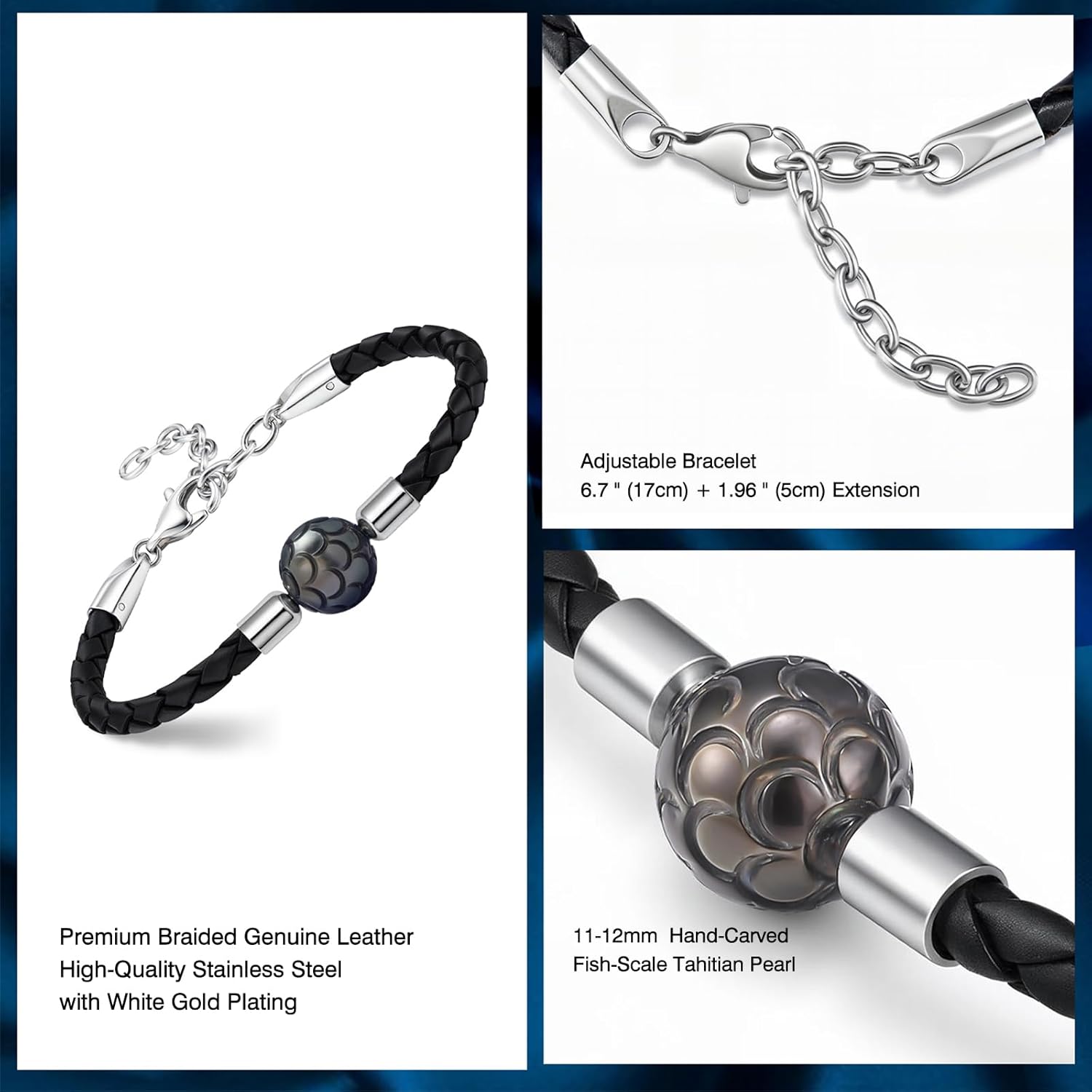 Braided Leather Bracelet for Women with 11-12mm Hand-Carved Seawater Tahitian Pearl - Wedding Anniversary Birthday Christmas Gift for Wife Mom Women Daughter, Unique Jewelry, Length 6.7"+1.96"