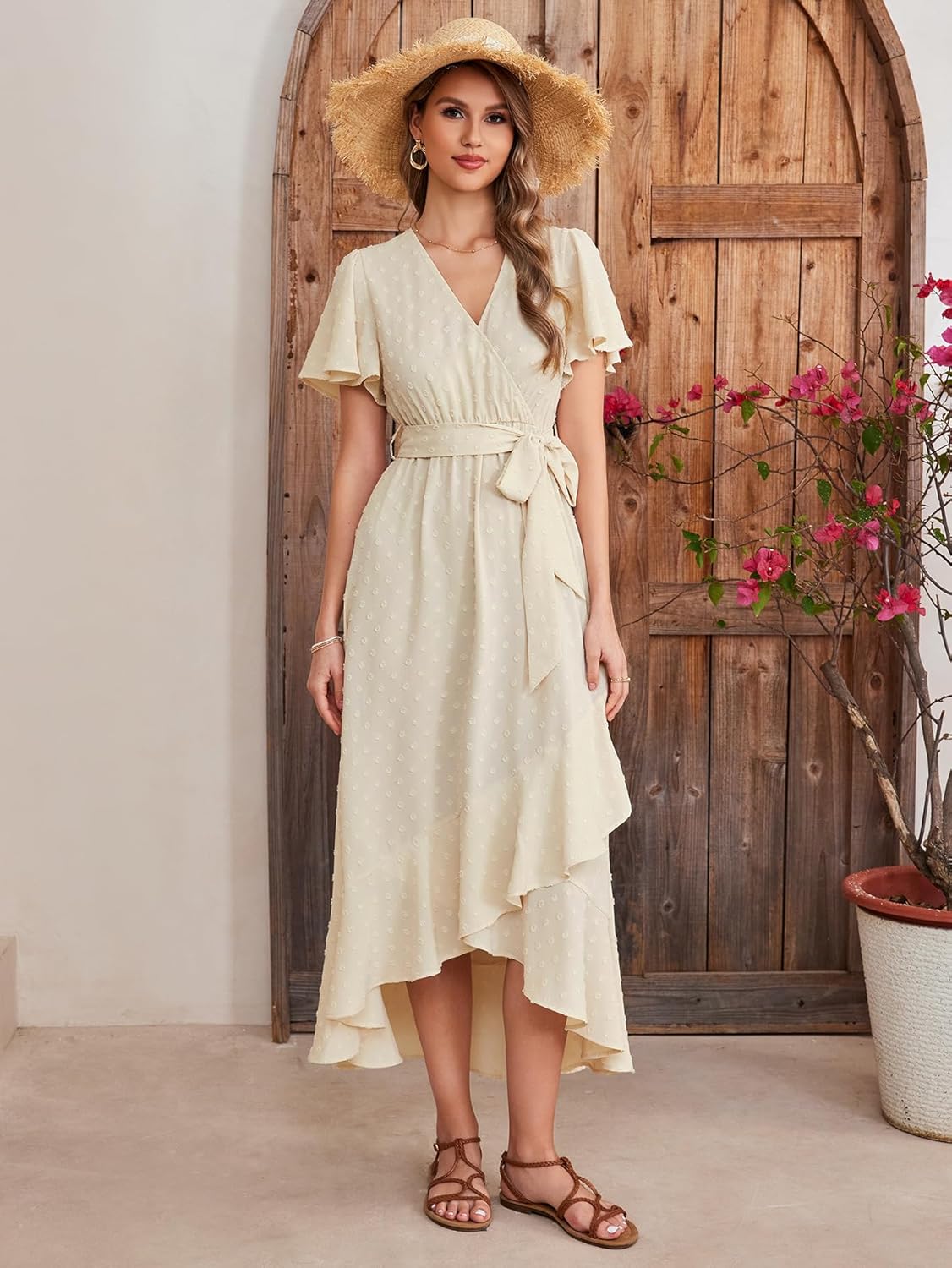 KUTUMAI Women 2024 Swiss Dot Maxi Dress V Neck Wrap Belted Ruffle A Line Flowy Boho Wedding Guest Long Dresses - Image 2