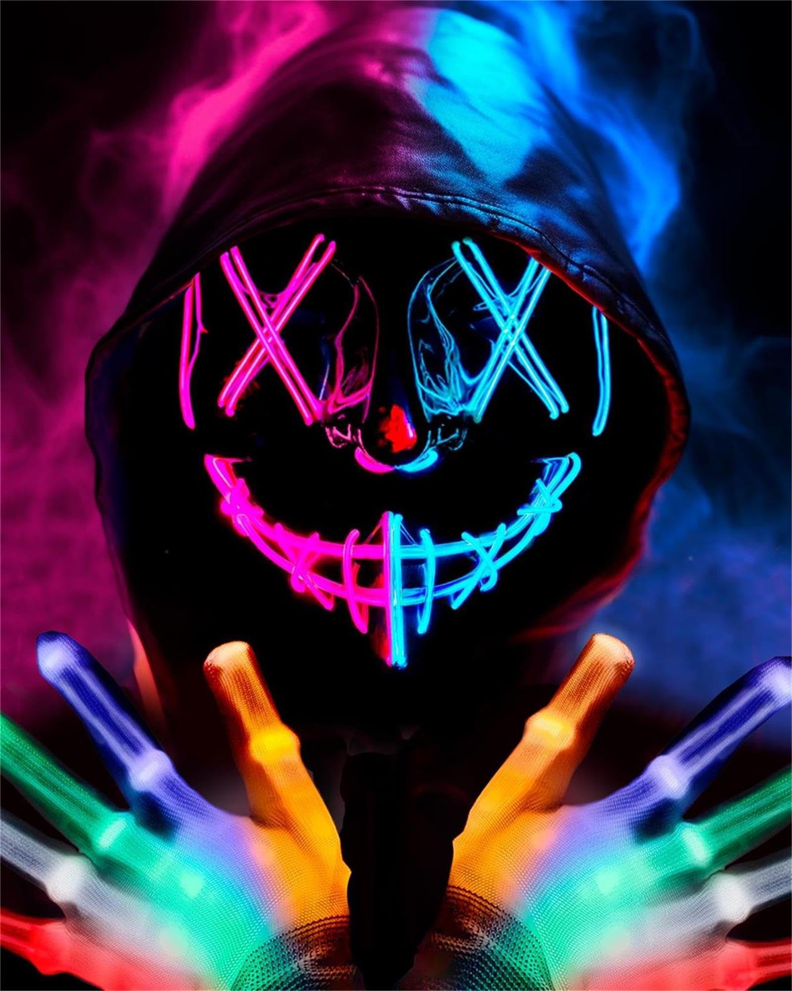 Photo 1 of letosan Halloween Mask LED Light Up Purge Mask with LED Gloves, Scary Glow Mask Costume for Men Women Kids Cosplay Blue & Pink