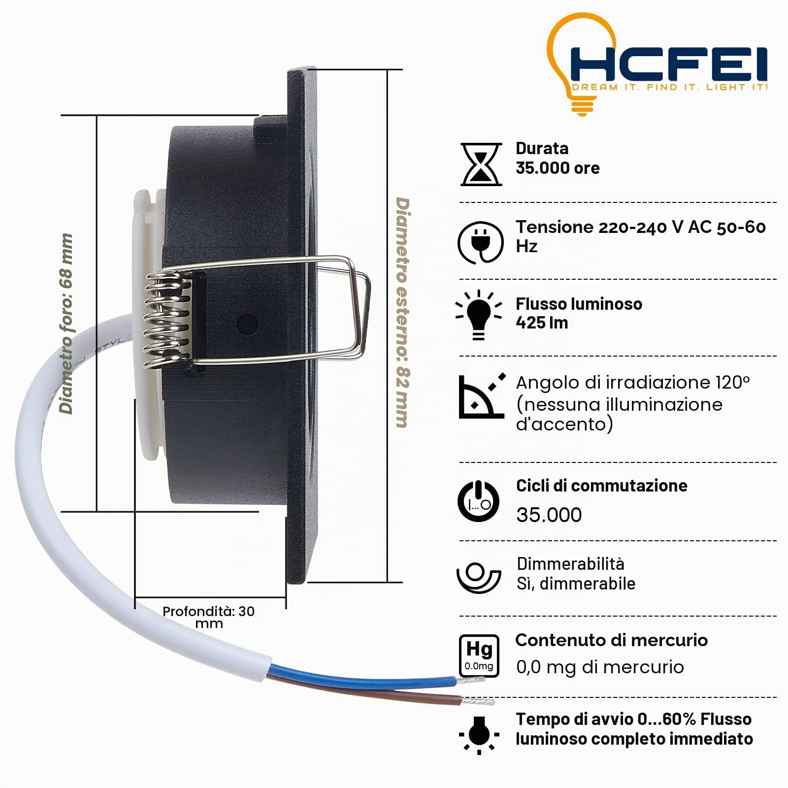 HCFEI Faretto da incasso a LED ultra piatto, 425 lumen, 230 V, 5 W, dimmerabile, alloggiamento angolare, orientabile, nero (10 pezzi, bianco caldo)