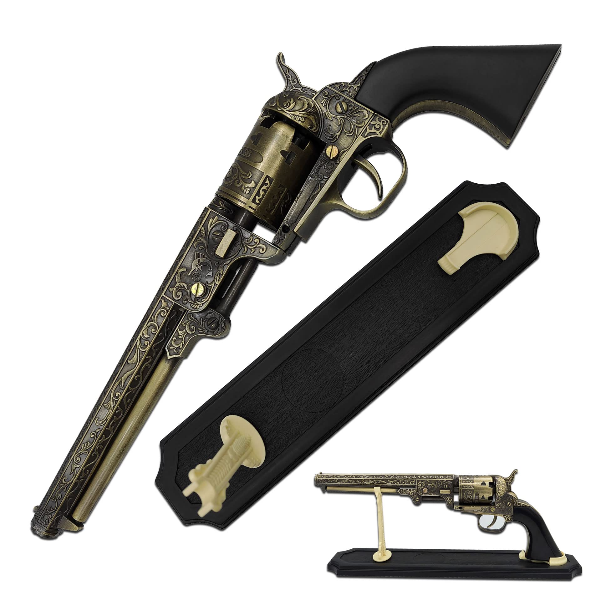 Master USA - Decorative Western Revolver with Display Stand - 13-inches Overall, Western Style Navy Revolver with Ornate Engravings on Body - SMB-110BK - Decorative, Collectible, Cosplay