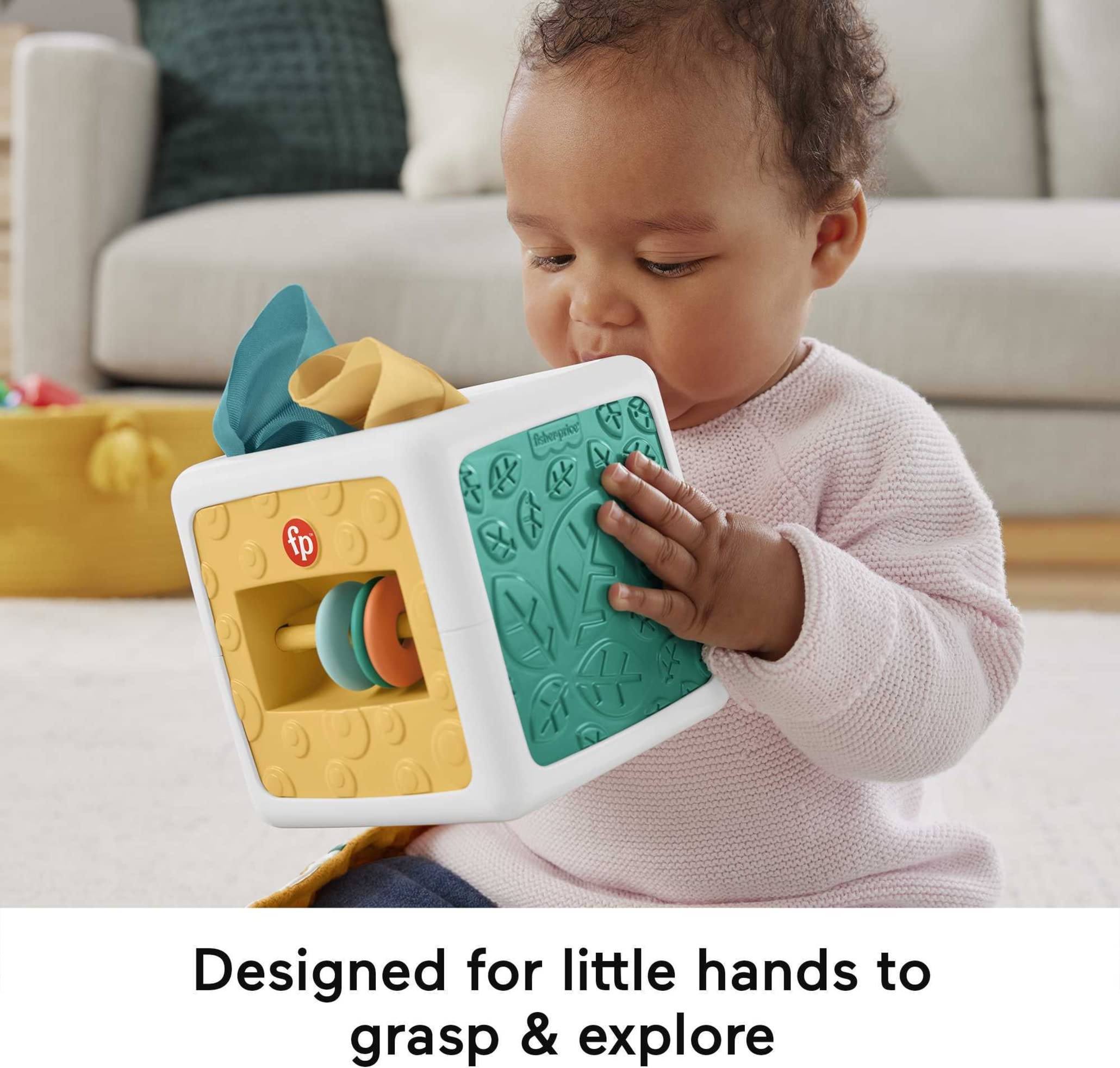 Fisher-Price Kostka sensoryczna Pudełko chusteczek zabawka dla niemowląt, zabawa na brzuszku, szeleszczące zabawki, HML64