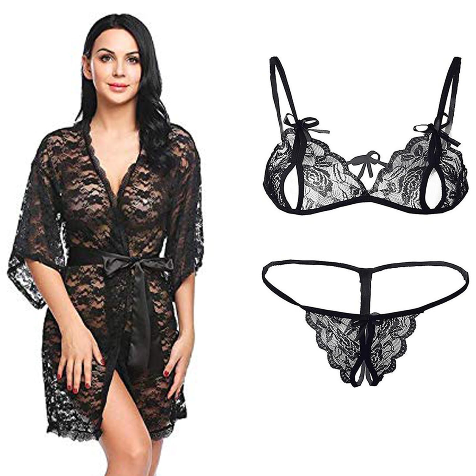 fihana Stylish Women's Satin Net Nighty with Bra and Panty Nightwear Set (Free Size)-picture-36