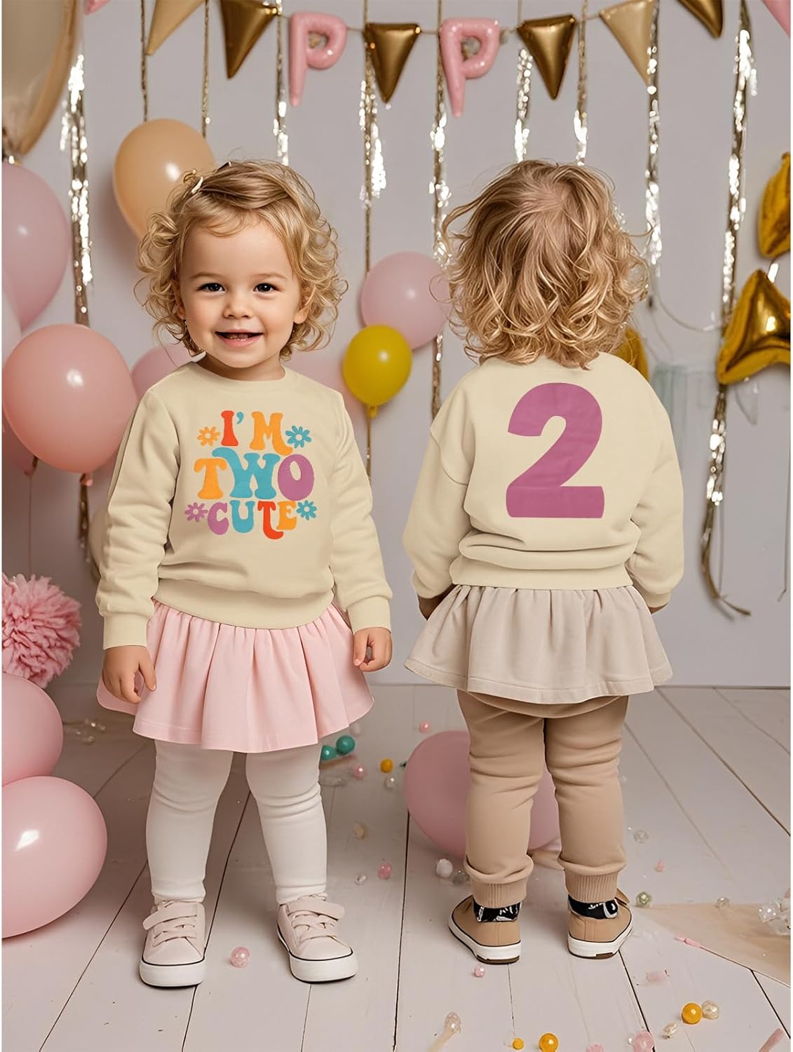 KEKEMI Birthday Sweatshirt for Toddler Girl I’M TWO CUTE Birthday Girl Outfit 2T B-Day Party Long Sleeve Shirt Cute Fall Tops - Image 3